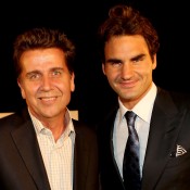 ATP Executive Chairman & President Brad Drewett poses for photographers with Roger Federer of Switzerland during a reception for the Shanghai Rolex Masters at the Hilton Hotel on October 8, 2012 in Shanghai, China; Getty Images
