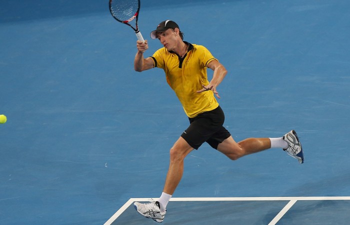 John Millman of Australia plays a forehand during his match against Andy Murray of Great Britain on during day five of the Brisbane International at Pat Rafter Arena on January 3, 2013 in Brisbane, Australia; Getty Images