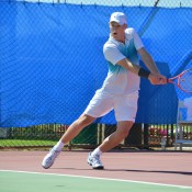 Luke Saville in action at the Charles Sturt Adelaide International Pro Tour event at West Lakes Tennis Club; Stephen Cornwell