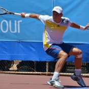James Duckworth in action at the Charles Sturt Adelaide International Pro Tour event at West Lakes Tennis Club; Stephen Cornwell