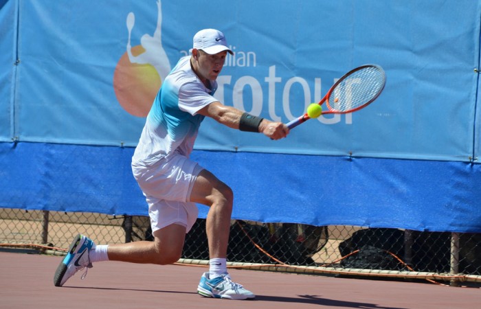 Luke Saville in action at the Charles Sturt Adelaide International Pro Tour event at West Lakes Tennis Club; Stephen Cornwell