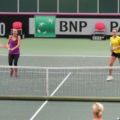 Casey Dellacqua (L) and Ash Barty during Australia's practice session in Ostrava ahead of its Fed Cup tie against the Czech Republic; Tennis Australia