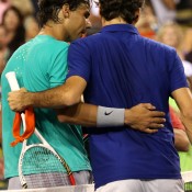 Rivals reunited: Rafael Nadal of Spain (L) embraces Roger Federer of Switzerland after Nadal won their blockbuster quarterfinal match at the BNP Paribas Open in Indian Wells, California. Nadal won 6-4, 6-2; Getty Images