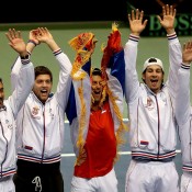The Serbian team celebrates its 3-1 win over the US in the Davis Cup World Group quarterfinals in Boise, Idaho; Getty Images