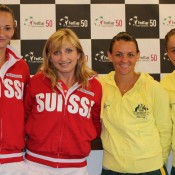 Swiss duo of Amra Sadikovic (far left) and Timea Bacsinszky and Aussies Casey Dellacqua and Ash Barty (far right) have been nominated for the doubles rubber in the Switzerland v Australia Fed Cup World Group tie in Chiasso, Switzerland; Tennis Australia