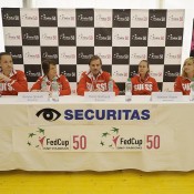 The Swiss Fed Cup team of (L-R) Amra Sadikovic, Romina Oprandi, captain Heinz Guenthardt, Stefanie Voegele and Timea Bacsinszky at a pre-tie press conference in Chiasso, Switzerland; Urs Lindt/freshfocus