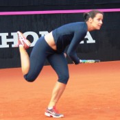 Jarmila Gajdosova serves during a practice session ahead of Australia's Fed Cup tie against Switzerland in Chiasso; Tennis Australia