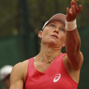 Sam Stosur serves against Romina Oprandi in the reverse singles during the Fed Cup World Group Play-off tie between Australia and Switzerland at Tennis Club Chiasso; Getty Images