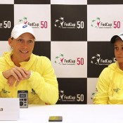 Sam Stosur (L) and Ash Barty speak at a press conference following Australia's 3-1 victory over Switzerland in the Fed Cup World Group Play-off tie in Chiasso, Switzerland; Getty Images