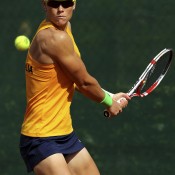 Sam Stosur plays a backhand against Stefanie Voegele in the opening rubber of the World Group Play-off tie between Switzerland and Australia at Tennis Club Chiasso; Getty Images