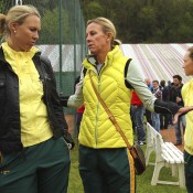 Australian Fed Cup captain Alicia Molik (L) speaks to coach Nicole Bradtke (C) as Sam Stosur looks on during Day 2 of the Fed Cup tie between Switzerland and Australia; Getty Images