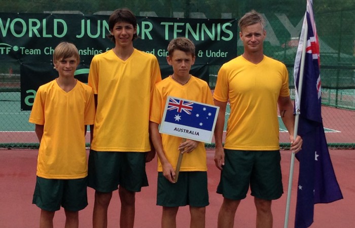 The Australian World Junior Tennis team from (L-R) Kody Pearson, Alexei Popyrin, Alex De Minaur and coach Ben Pyne; Tennis Australia