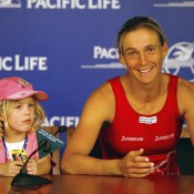 Sybille Bammer of Austria is joined by her five-year-old daughter Tina for an interview after her win over Tatiana Golovin of France at Indian Wells in 2007. Bammer last competed at her home WTA event in Bad Gastein in Austria, July 2011; Getty Images