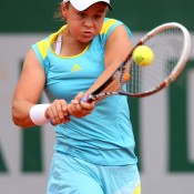 Ash Barty plays a backhand during her first round match against Lucie Hradecka of Czech Republic on Day 4 of the French Open; Getty Images