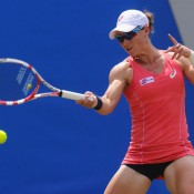 Sam Stosur plays a forehand in her second round loss to Lucie Safarova of Czech Republic in Eastbourne, England; Getty Images