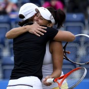 Ash Barty (L) and Casey Dellacqua (R) celebrate after defeating Cara Black and Marina Erakovic in the doubles final of the AEGON Classic in Birmingham, England; Getty Images