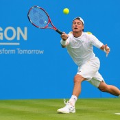 Having ousted Grigor Dimitrov in the second round, Lleyton Hewitt continued his winning ways at the AEGON Championships against Sam Querrey in the last 16 - he's seen here playing a forehand in that match; Getty Images