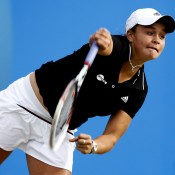 Ash Barty serves during the women's doubles final at the AEGON Classic at Edgbaston Priory Club in Birmingham, England; Getty Images