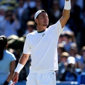 Lleyton Hewitt waves to the crowd at Queen's after beating Juan Martin del Potro in the quarterfinals of the AEGON Championships; Getty Images