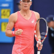 Sam Stosur celebrates her 6-2 6-3 defeat of Nadia Petrova in the opening round of the AEGON International in Eastbourne; Getty Images