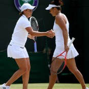 Ashleigh Barty (L) and Casey Dellacqua urge each other on during their semifinal win over No.7 seeds Anna-Lena Groenefeld and Kveta Peschke; Getty Images
