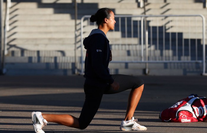 Anne Keothavong of Great Britain stretches during the Argentina and Great Britain Fed Cup tie in April 2013; Getty Images