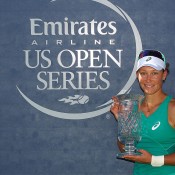 Sam Stosur poses with the trophy after beating Victoria Azarenka 6-2 6-3 in the WTA Southern California Open final in Carlsbad, California; Getty Images