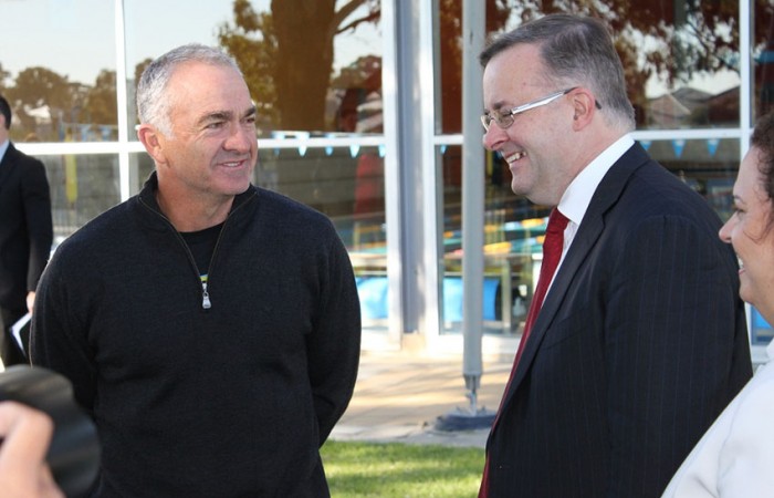 Wally Masur (L) and Anthony Albanese at the announcement of the funding boost for the Blacktown Leisure Centre precinct, which will house the new NSW National Academy; Tennis Australia