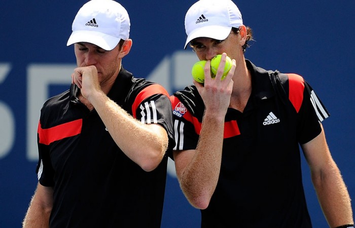 Jamie Murray (R) of Great Britain and John Peers of Australia speak during their first round men's doubles victory over David Marrero and Fernando Verdasco at the 2013 US Open; Getty Images