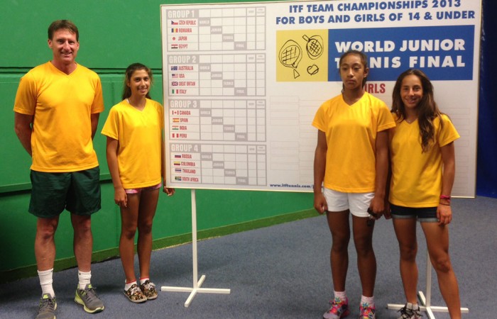 Australia's girls' team at the ITF World Junior Tennis Finals in Prostejov, Czech Republic; (L-R) captain Simon Youl, Jaimee Fourlis, Destanee Aiava and Seone Mendez; Tennis Australia