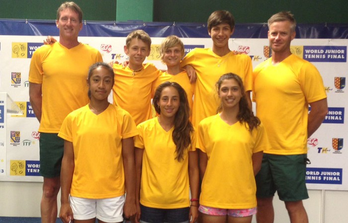 The Australian boys' and girls' teams at the World Junior Tennis Finals in Prostejov, Czech Republic - (back row L-R) girls' captain Simon Youl, Alex De Minaur, Kody Pearson, Alexei Popyrin, boys' captain Ben Pyne; (front row L-R) Destanee Aiava, Seone Mendez and Jaimee Fourlis; Tennis Australia