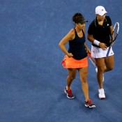 Ash Barty (R) and Casey Dellacqua of Australia in action during the women's doubles final against Czechs Andrea Hlavackova and Lucie Hradecka on Arthur Ashe Stadium on Day 13 of the 2013 US Open; Getty Images
