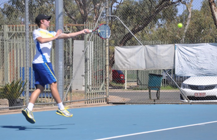Omar Jasika clubs a forehand en route to victory over No.2 seed Alex Bolt at the Alice Springs Tennis International Pro Tour event; Tennis Australia