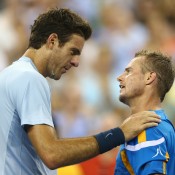 Lleyton Hewitt (R) shakes hands with Juan Martin Del Potro of Argentina after coming from two-sets-to-one down to win 6-4 5-7 3-6 7-6(2) 6-1 on Arthur Ashe Stadium in the second round of the 2013 US Open; Getty Images