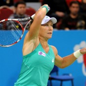Sam Stosur in action during her finals loss to Simona Halep at the WTA Tournament of Champions in Sofia, Bulgaria; Desislava Kulelieva