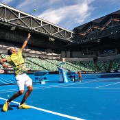Nick Kyrgios serves on the new-look Margaret Court Arena; Getty Images