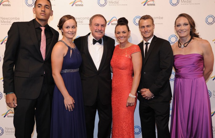 John Newcombe (third from left) with 2013 Newcombe Medal finalists (L-R) Nick Kyrgios, Ashleigh Barty, Casey Dellacqua, Lleyton Hewitt and Sam Stosur, Newcombe Medal, Australian Tennis Awards 2013. XUE BAI