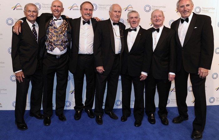 The 1973 Davis Cup team (l to r): Mal Anderson, Geoff Masters, John Newcombe, Neale Fraser, Ken Rosewall, Rod Laver and Colin Dibley, Newcombe Medal, Australian Tennis Awards 2013. XUE BAI