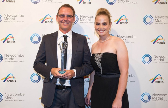 Clint Fyfe and Jelena Dokic, Newcombe Medal, Australian Tennis Awards 2013. XUE BAI