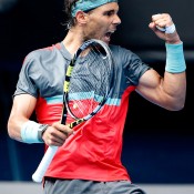 MELBOURNE, AUSTRALIA - JANUARY 20:  Rafael Nadal of Spain celebrates a point in his fourth round match against Kei Nishikori of Japan during day eight of the 2014 Australian Open at Melbourne Park on January 20, 2014 in Melbourne, Australia.  (Photo by Scott Barbour/Getty Images)
