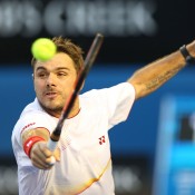 MELBOURNE, AUSTRALIA - JANUARY 26:  Stanislas Wawrinka of Switzerland plays a backhand in his men's final match against Rafael Nadal of Spain during day 14 of the 2014 Australian Open at Melbourne Park on January 26, 2014 in Melbourne, Australia.  (Photo by Clive Brunskill/Getty Images)