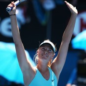 MELBOURNE, AUSTRALIA - JANUARY 16:  Maria Sharapova of Russia celebrates winning her second round match against Karin Knapp of Italy during day four of the 2014 Australian Open at Melbourne Park on January 16, 2014 in Melbourne, Australia.  (Photo by Clive Brunskill/Getty Images)