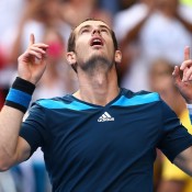 MELBOURNE, AUSTRALIA - JANUARY 18:  Andy Murray of Great Britain celebrates winning his third round match against Feliciano Lopez of Spain during day six of the 2014 Australian Open at Melbourne Park on January 18, 2014 in Melbourne, Australia.  (Photo by Renee McKay/Getty Images)