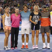 (L-R) Lleyton Hewitt, Eugenie Bouchard, Samantha Stosur, Roger Federer, Victoria Azarenka, Rafael Nadal and Pat Rafter pose following the Rod Laver Arena Spectacular as part of Kids Tennis Day ahead of the 2014 Australian Open at Melbourne Park on January 11, 2014 in Melbourne, Australia.  (Photo by Graham Denholm/Getty Images)