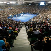 A view of the large crowd taking part in the Kids Tennis Day ahead of the 2014 Australian Open at Melbourne Park on January 11, 2014 in Melbourne, Australia.  (Photo by Darrian Traynor/Getty Images)