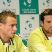 Lleyton Hewitt and Pat Rafter answer questions, France, 2014.  © FFT/P. Montigny
