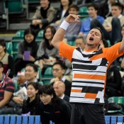 Lleyton Hewitt of Australia gestures during a tennis exhibition game against Tomas Berdych of the Czech Republic in Hong Kong on March 3, 2014. Hewitt won 6-4, 7-5; PHILIPPE LOPEZ/AFP/Getty Images