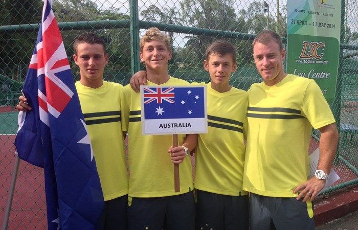 Australia's Junior Davis Cup team of (L-R) Oliver Anderson, Max Purcell, Alex De Minaur and captain Jarrad Bunt at the 2014 Asia/Oceania qualifying event in Kuching, Malaysia