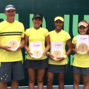 The Australian girls' World Junior Tennis team of (L-R) coach Craig Tyzzer, Jeanette Lin, Destanee Aiava and Selina Turlja at the Asia/Oceania qualifying event in New Delhi, India; Getty Images