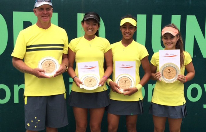 The Australian girls' World Junior Tennis team of (L-R) coach Craig Tyzzer, Jeanette Lin, Destanee Aiava and Selina Turlja at the Asia/Oceania qualifying event in New Delhi, India; Getty Images